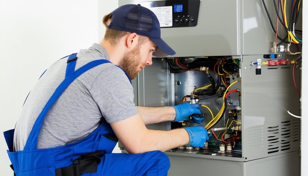 Technician servicing a gas furnace in a home